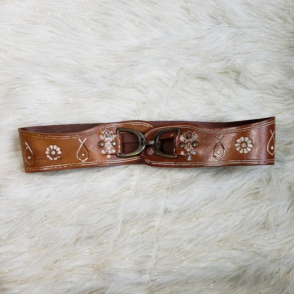Linea Pelle Brown Leather Embossed Floral Belt with Antique Buckle